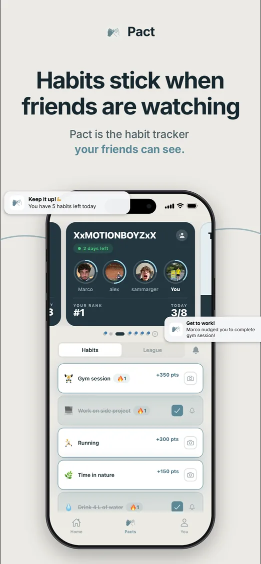 Pact habits screen — habits stick when friends are watching