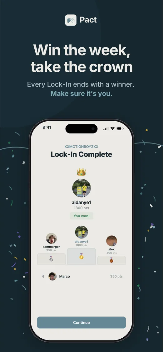 Pact winner screen — win the week and take the crown